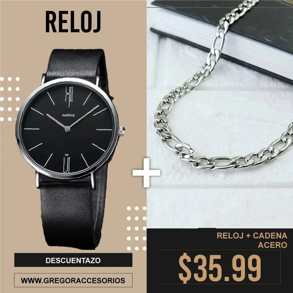 Combo Reloj Yazole+ Cadena Plateada 951 - Gregor Relojes y Accesorio Ecuador