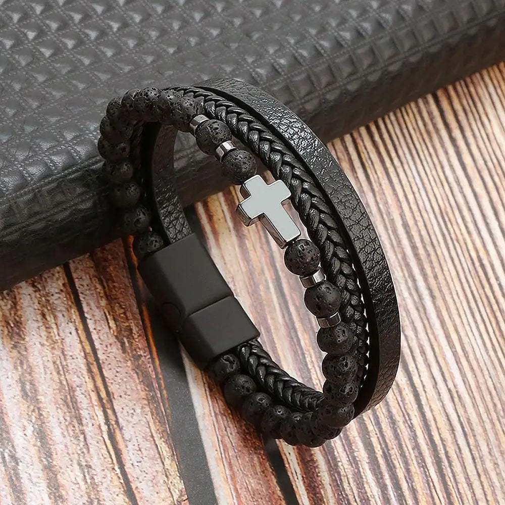 Pulsera de cuero cruz negro 18,5cm 1214 - Gregor Relojes y Accesorio Ecuador