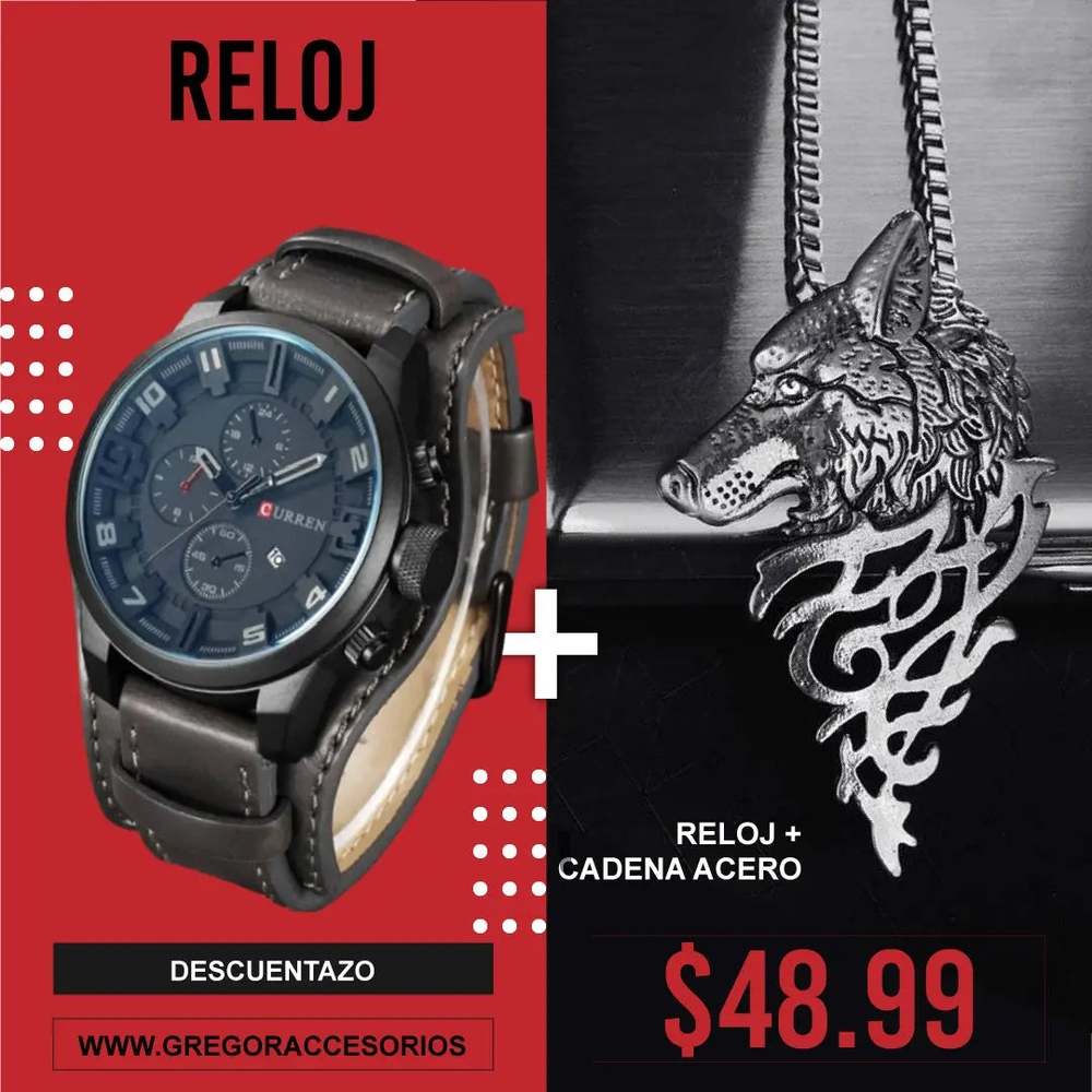 Reloj Curren Negro + Cadena Lobo 962 - Gregor Relojes y Accesorio Ecuador