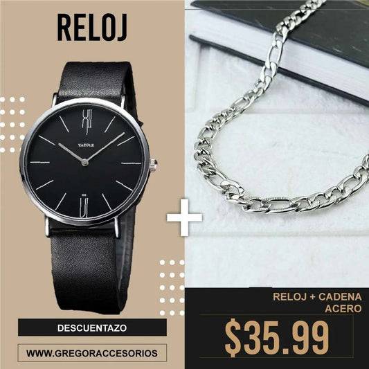 Combo Reloj Yazole+ Cadena Plateada 951 - Gregor Relojes y Accesorio Ecuador