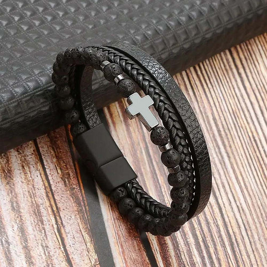 Pulsera de cuero cruz negro 18,5cm 1214 - Gregor Relojes y Accesorio Ecuador