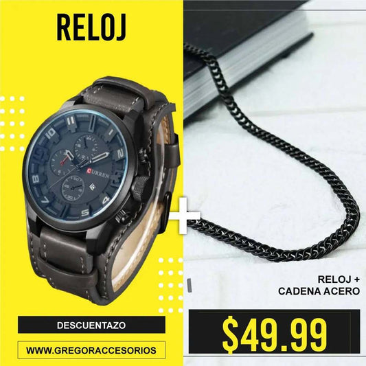 Reloj Curren Negro + Cadena Negra 963 - Gregor Relojes y Accesorio Ecuador